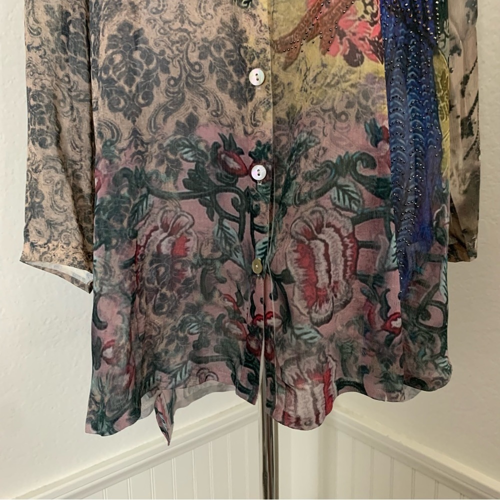 Schiffhauer Munich Cardigan Sweater Floral Semi Sheer Jeweled Womens L Art - Picture 8 of 17